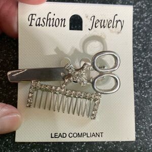 Hairdresser Brooch Rhinestone Scissors Comb